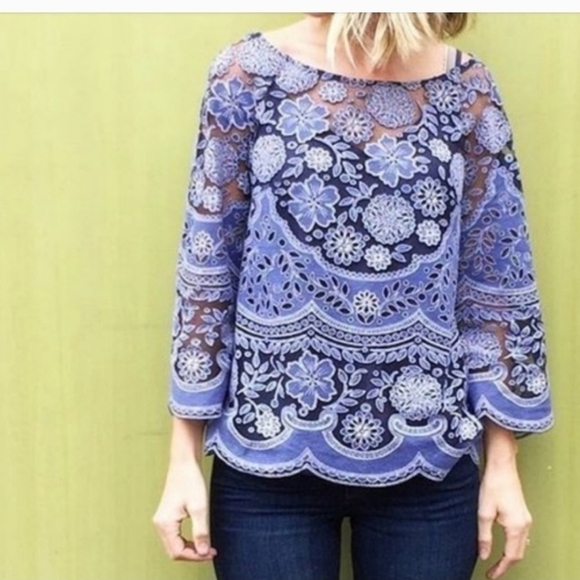 ANTHROPOLOGIE HD in Paris Montmartre Peasant Lace Boho Top - Picture 2 of 10